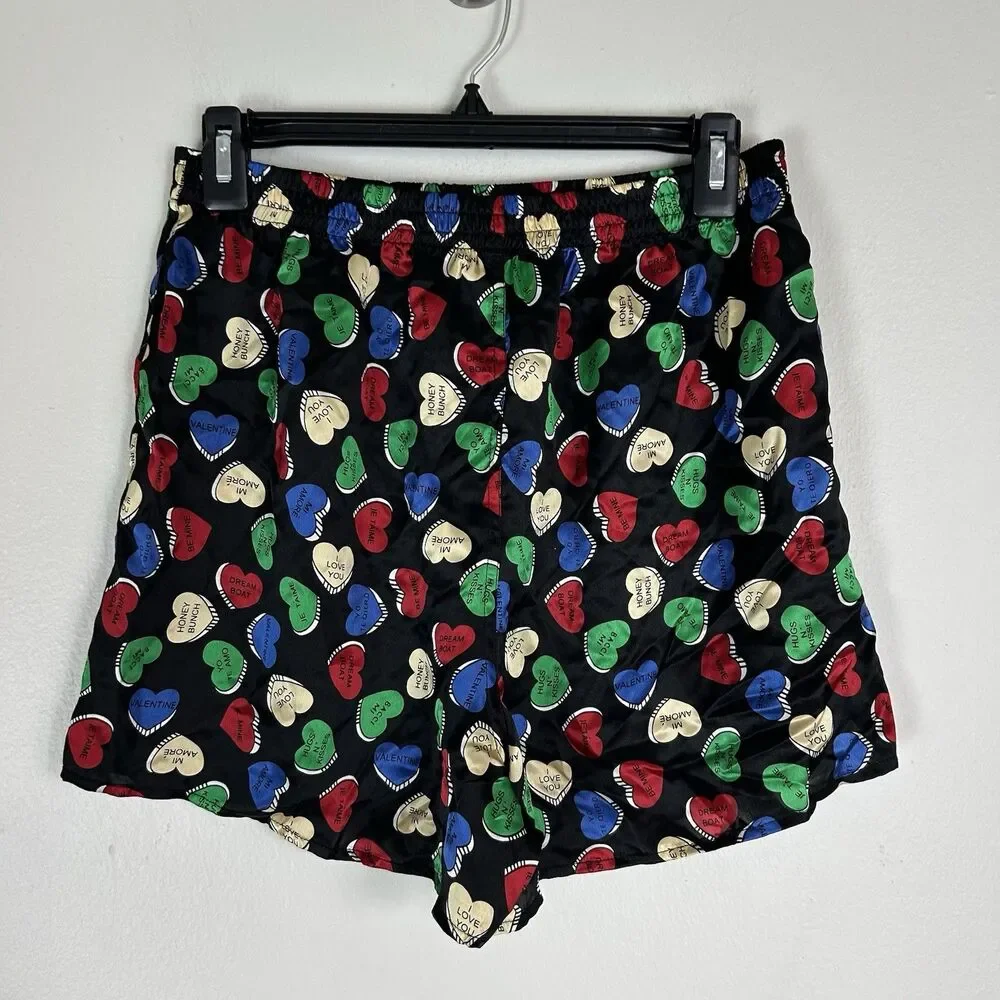 90s Men's Candy Heart Shorts 100% Silk Shiny Boxers Small Satin Conversation